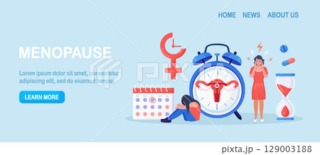 Menopause and gynecology, hormone replacement therapy. Women climacteric. Woman with menopause symptoms, including hot flushes, anxiety, low mood, headache. Character standing at her biological clock Menopause and gynecology, hormone replacement therapy. Women climacteric. Woman with menopause symptoms, including hot flushes, anxiety, low mood, headache. Character standing at her biological clock 129003188