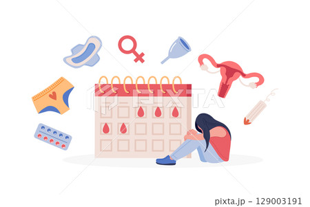 Menstruation period. Woman showing pms symptoms and menstrual pain. PMS calendar, tracker. Items for personal intimate hygiene of women. Sanitary tampon, pad, silicone reusable menstrual cup, panties 129003191