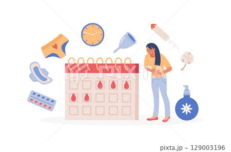 Menstruation period. Young woman showing pms symptoms and menstrual pain. Set of feminine hygiene goods. Sanitary pads, tampons, menstrual cup, menstruation calendar tracker, painkillers tablets 129003196