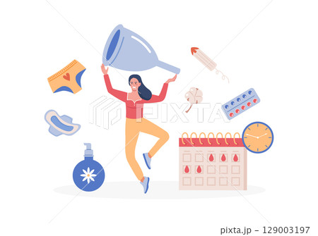 Happy woman holding silicone reusable menstrual cup. Menstrual period on calendar, pms tracker. Items for personal intimate hygiene of women. Sanitary tampon, pad, panties, intimate gel, painkiller 129003197