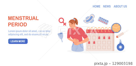 Menstruation period. Woman showing pms symptoms and menstrual pain. PMS calendar, tracker. Items for personal intimate hygiene of women. Sanitary tampon, pad, silicone reusable menstrual cup, panties Menstruation period. Woman showing pms symptoms and menstrual pain. PMS calendar, tracker. Items for personal intimate hygiene of women. Sanitary tampon, pad, silicone reusable menstrual cup, panties 129003198