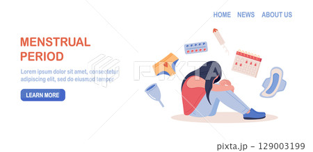 Menstruation period. Woman showing pms symptoms and menstrual pain. PMS calendar, tracker. Items for personal intimate hygiene of women. Sanitary tampon, pad, silicone reusable menstrual cup, panties Menstruation period. Woman showing pms symptoms and menstrual pain. PMS calendar, tracker. Items for personal intimate hygiene of women. Sanitary tampon, pad, silicone reusable menstrual cup, panties 129003199