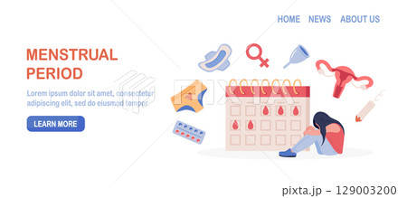 Menstruation period. Woman showing pms symptoms and menstrual pain. PMS calendar, tracker. Items for personal intimate hygiene of women. Sanitary tampon, pad, silicone reusable menstrual cup, panties Menstruation period. Woman showing pms symptoms and menstrual pain. PMS calendar, tracker. Items for personal intimate hygiene of women. Sanitary tampon, pad, silicone reusable menstrual cup, panties 129003200
