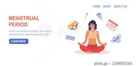 Woman sitting in lotus meditation pose in menstruation period. PMS calendar, tracker. Items for personal intimate hygiene of women. Sanitary tampon, pad, silicone reusable menstrual cup, panties Woman sitting in lotus meditation pose in menstruation period. PMS calendar, tracker. Items for personal intimate hygiene of women. Sanitary tampon, pad, silicone reusable menstrual cup, panties 129003201