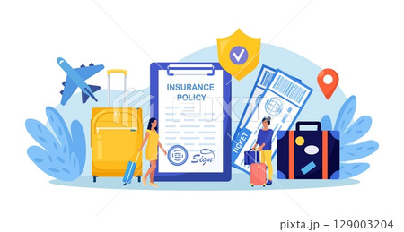 Travel Health Insurance. Life Protection and Security of Property from Damage, Accident. People Traveling with Insurance. Tourist with Luggage, Tickets in Airport. Safe Vacation and Tourism Travel Health Insurance. Life Protection and Security of Property from Damage, Accident. People Traveling with Insurance. Tourist with Luggage, Tickets in Airport. Safe Vacation and Tourism 129003204