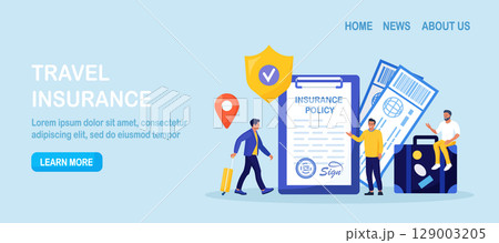 Travel Health Insurance. Life Protection and Security of Property from Damage, Accident. People Traveling with Insurance. Tourist with Luggage, Tickets in Airport. Safe Vacation and Tourism 129003205