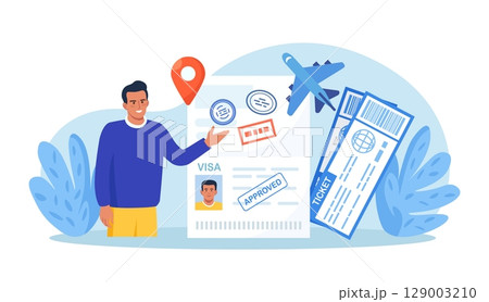 Travel abroad. International vacation or emigration procedure. Opened passport with valid visa stamps. Happy man getting document for leaving country. Vacation trip offer. Journey and tourism concept 129003210