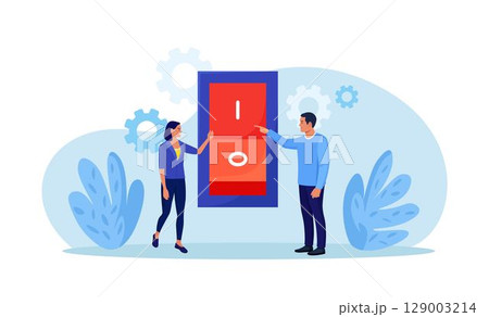 People turn on toggle switch. Electric control. Environmental protection, ecology. Saving energy, turning off lights and electrical devices People turn on toggle switch. Electric control. Environmental protection, ecology. Saving energy, turning off lights and electrical devices 129003214