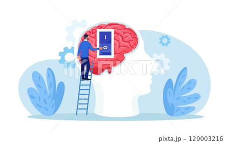 Emotional intelligence. Emotions turn on and off. Human head silhouette with emotion on or off toggle switch inside. Psychology, cognitive process. Ability to influence expressions. Brain activation 129003216