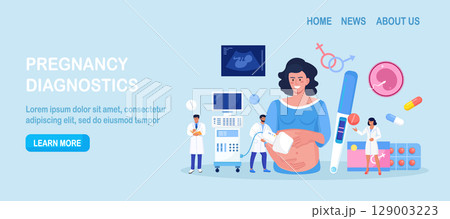 Ultrasound pregnancy screening. Embryo baby health diagnostic. Ultrasonography. Doctor making scan pregnant woman with ultrasound machine in hospital.Gynecologist doing belly sonography. Medical test 129003223