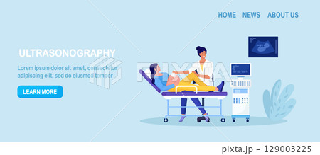 Ultrasound pregnancy screening. Embryo baby health diagnostic. Gynecologist making scan pregnant woman with ultrasound machine in hospital office. Gynecology abdomen examination, abdominal sonogram 129003225