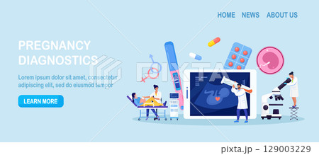 Ultrasound pregnancy screening. Embryo baby health diagnostic. Doctor making scan pregnant woman with ultrasound machine in hospital. Gynecologist doing belly ultrasonography exam. Baby health check Ultrasound pregnancy screening. Embryo baby health diagnostic. Doctor making scan pregnant woman with ultrasound machine in hospital. Gynecologist doing belly ultrasonography exam. Baby health check 129003229