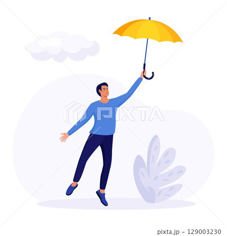 Happy man holding yellow umbrella, walking under rain Happy man holding yellow umbrella, walking under rain 129003230
