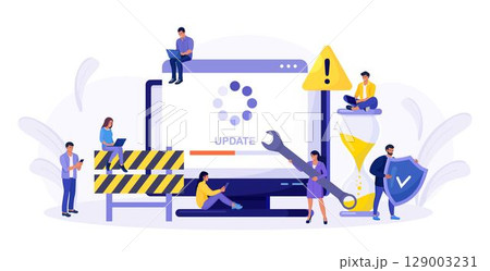 System Update. Tiny programmers upgrading operating system. IT specialists updating software, programs and applications. Technical error and service. Computer screen with updating progress bar. System Update. Tiny programmers upgrading operating system. IT specialists updating software, programs and applications. Technical error and service. Computer screen with updating progress bar. 129003231