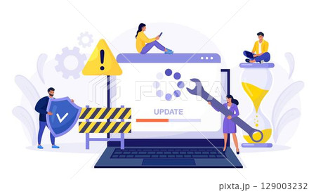 System Update. Tiny programmers upgrading operating system. IT specialists updating software, programs and applications. Technical error and service. Computer laptop screen with updating progress bar. 129003232