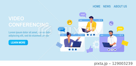 Online Discussion and Video Conference. People Connecting Together, Learning or Meeting Online with Teleconference. Businessmen on Web Page Talking with Colleagues, Employees or Friends 129003239