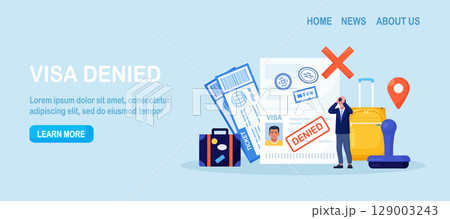 Open passport with stamp denied on travel visa, luggage, frustrated emigrant. Depressed man upset about refused entry. Travel abroad rejected. International vacation or emigration procedure Open passport with stamp denied on travel visa, luggage, frustrated emigrant. Depressed man upset about refused entry. Travel abroad rejected. International vacation or emigration procedure 129003243