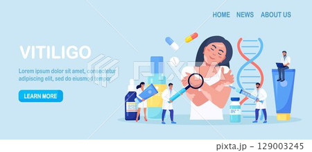 World vitiligo day. Doctor examines patient with skin problems. Happy girl hugs herself with vitiligo. Treatment of autoimmune diseases with tablets, ointments World vitiligo day. Doctor examines patient with skin problems. Happy girl hugs herself with vitiligo. Treatment of autoimmune diseases with tablets, ointments 129003245