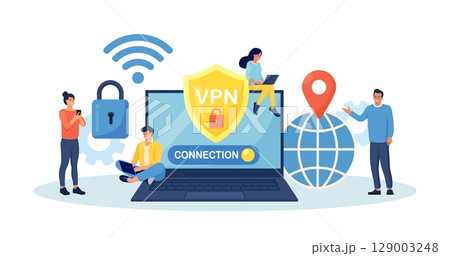 Virtual Private Network. People Using VPN Technology System to Protect his Personal Data in Smartphone, Computer. Secure Network Connection and Privacy Protection. Cyber Security, Traffic Encryption Virtual Private Network. People Using VPN Technology System to Protect his Personal Data in Smartphone, Computer. Secure Network Connection and Privacy Protection. Cyber Security, Traffic Encryption 129003248