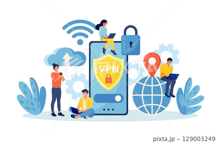 Virtual Private Network. People Using VPN Technology System to Protect his Personal Data in Smartphone, Computer. Secure Network Connection and Privacy Protection. Cyber Security, Traffic Encryption 129003249