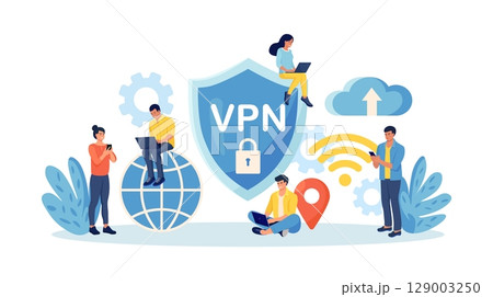 Virtual Private Network. People Using VPN Technology System to Protect his Personal Data in Smartphone, Computer. Secure Network Connection and Privacy Protection. Cyber Security, Traffic Encryption Virtual Private Network. People Using VPN Technology System to Protect his Personal Data in Smartphone, Computer. Secure Network Connection and Privacy Protection. Cyber Security, Traffic Encryption 129003250