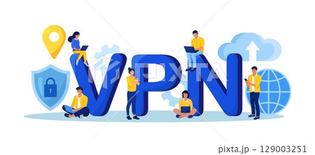 Virtual Private Network. People Using VPN Technology System to Protect his Personal Data in Smartphone, Computer. Secure Network Connection and Privacy Protection. Cyber Security, Traffic Encryption 129003251
