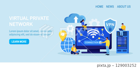 Virtual Private Network. People Using VPN Technology System to Protect his Personal Data in Smartphone, Computer. Secure Network Connection and Privacy Protection. Cyber Security, Traffic Encryption 129003252