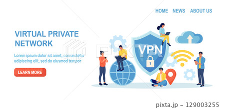 Virtual Private Network. People Using VPN Technology System to Protect his Personal Data in Smartphone, Computer. Secure Network Connection and Privacy Protection. Cyber Security, Traffic Encryption 129003255