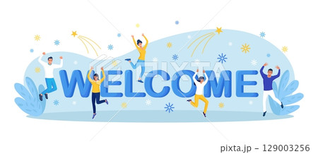 Welcome party concept. Happy multiethnic team standing together, waving and inviting newcomer, new customer, colleague. Men and women greet new team member. Friendly colleagues and partners 129003256