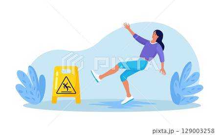 Slip Wet Floor. Inconsiderate Woman in Casual Clothes Slips in Puddle and Downfall. Injured Character Stumbling and Falling near Yellow Caution Danger Sign Slip Wet Floor. Inconsiderate Woman in Casual Clothes Slips in Puddle and Downfall. Injured Character Stumbling and Falling near Yellow Caution Danger Sign 129003258