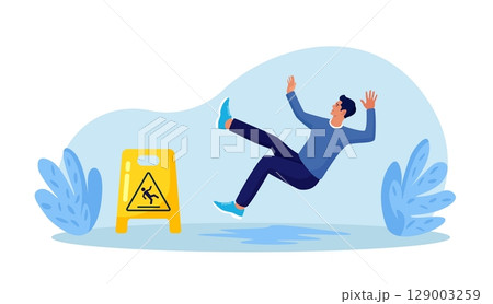 Slip Wet Floor. Inconsiderate Man in Casual Clothes Slips in Puddle and Downfall. Injured Character Stumbling and Falling near Yellow Caution Danger Sign 129003259