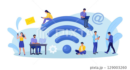 People working with portable devices near big wifi sign in free internet zone. Public free wi-fi hotspot, wireless connection. Characters surfing internet. Technology globalization and reachability 129003260