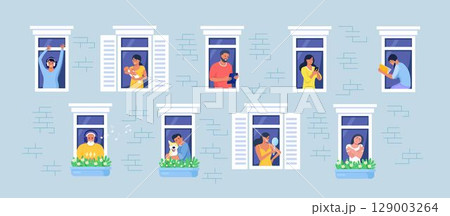 Outer wall of house with neighbors and dog at windows. Happy men and women look out of apartments reading, take photo, chatting with phone, hugging, listening music. Stay home, daily routine activity 129003264