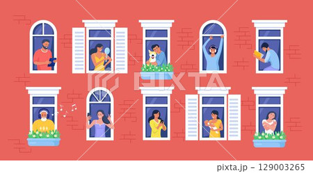 Outer wall of house with neighbors and dog at windows. Happy men and women look out of apartments reading, take photo, chatting with phone, hugging, listening music. Stay home, daily routine activity 129003265
