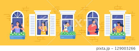Outer wall of house with neighbors and dog at windows. Happy men and women look out of apartments reading, take photo, chatting with phone, hugging, holding child. Stay home, daily routine activity 129003266