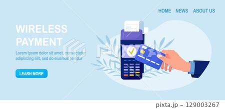 Contactless payment. Human hand holding credit or debit card close to the POS terminal to pay. Transaction by NFC technology. Contactless payment. Human hand holding credit or debit card close to the POS terminal to pay. Transaction by NFC technology. 129003267