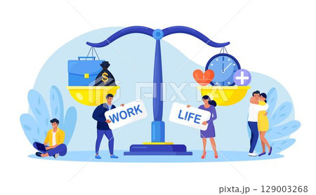 Life and work balance on scales. People keep harmony choose between career and money versus health and time, leisure or business. Comparison stress and healthy life, family, love versus job Life and work balance on scales. People keep harmony choose between career and money versus health and time, leisure or business. Comparison stress and healthy life, family, love versus job 129003268