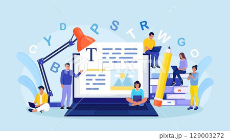 Blog authors writing articles, making valuable content. Freelance writers creating internet content. Copy writer workshop. Writing texts, creativity and promotion, seo marketing Blog authors writing articles, making valuable content. Freelance writers creating internet content. Copy writer workshop. Writing texts, creativity and promotion, seo marketing 129003272