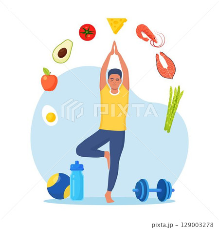 Diet plan. Man doing  exercise and planning diet with fruit and vegetable. Guy doing yoga. Dietary eating, meal planning, nutrition consultation, healthy food, sport. Health lifestyle, fitness 129003278