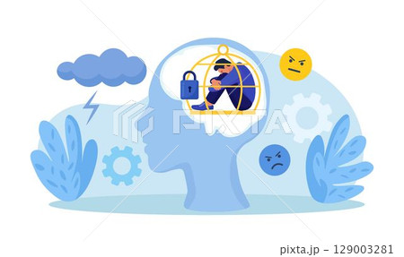 Head silhouette with mental trap as closed cage. Psychological mindset problem as feeling like trapped in birdcage. Stuck in comfort zone. Personal growth issue. Person with distorted world view 129003281