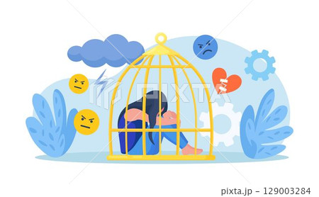 Psychological mindset as feeling like trapped in birdcage. Inner prison as mind state. Personal mental trap as closed cage. Stuck in comfort zone. Mental illness, anxiety, depression, loneliness Psychological mindset as feeling like trapped in birdcage. Inner prison as mind state. Personal mental trap as closed cage. Stuck in comfort zone. Mental illness, anxiety, depression, loneliness 129003284