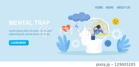 Head silhouette with mental trap as closed cage. Psychological mindset problem as feeling like trapped in birdcage. Stuck in comfort zone. Personal growth issue. Person with distorted world view Head silhouette with mental trap as closed cage. Psychological mindset problem as feeling like trapped in birdcage. Stuck in comfort zone. Personal growth issue. Person with distorted world view 129003285