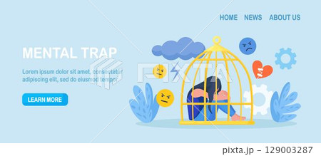Psychological mindset as feeling like trapped in birdcage. Inner prison as mind state. Personal mental trap as closed cage. Stuck in comfort zone. Mental illness, anxiety, depression, loneliness Psychological mindset as feeling like trapped in birdcage. Inner prison as mind state. Personal mental trap as closed cage. Stuck in comfort zone. Mental illness, anxiety, depression, loneliness 129003287