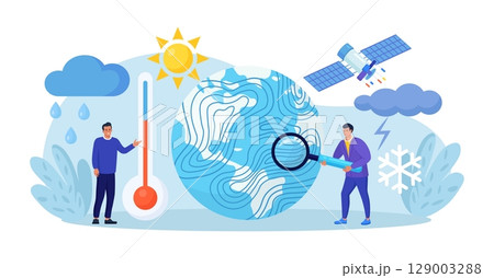 Meteorology, geophysics science. Meteorologists studying, researching climate condition. Weather forecaster predict weather with satellite service, met station and space engineering. Planetary science 129003288