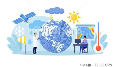 Meteorology, geophysics science. Meteorologists studying, researching climate condition. Weather forecaster predict weather with satellite service, met station and space engineering. Planetary science 129003289