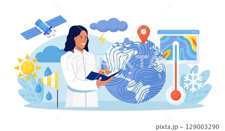 Meteorology, geophysics science. Meteorologists studying, researching climate condition. Weather forecaster predict weather with satellite service, met station and space engineering. Planetary science 129003290