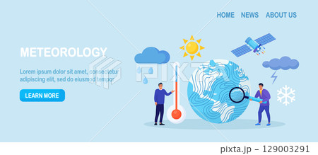 Meteorology, geophysics science. Meteorologists studying, researching climate condition. Weather forecaster predict weather with satellite service, met station and space engineering. Planetary science 129003291