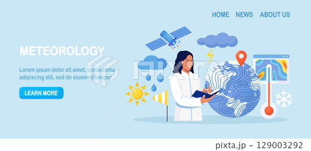 Meteorology, geophysics science. Meteorologists studying, researching climate condition. Weather forecaster predict weather with satellite service, met station and space engineering. Planetary science 129003292