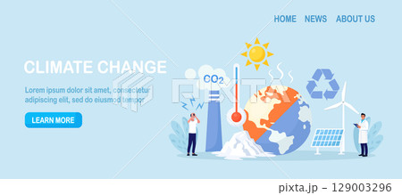 Change climate. Environment pollution. Planet Earth are suffering from global warming. World Environment Day. Melting glaciers, drainage of soils. Alternative energy and eco lifestyle. Recycle symbol 129003296