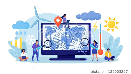 Meteorology, geophysics, weather prediction. Meteorologist studying and researching weather, climate condition online on computer with world cyclone map. Forecasters work in meteorological center 129003297